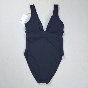 Quince Italian Plunge Ribbed One-Piece Swimsuit Women's Small Black Swimwear